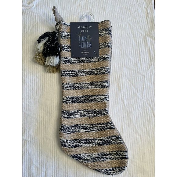 Set of 2 Burlap & Blue W/ Silver Color Threading 22” Christmas Stocking - Picture 1 of 4